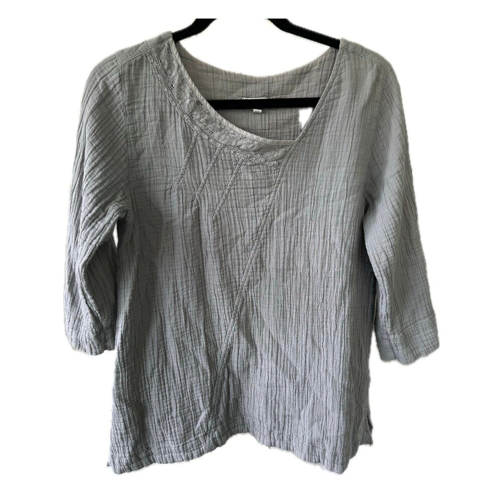 Kleen 100% Cotton Crinkle Breathable Lace Trim Pullover Tunic Blouse S